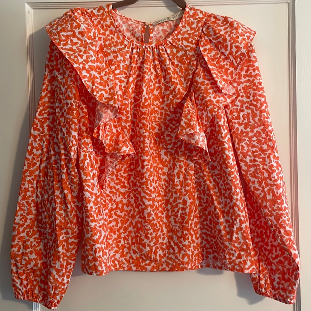 Marie Oliver orange cheetah top with ruffle sleeves